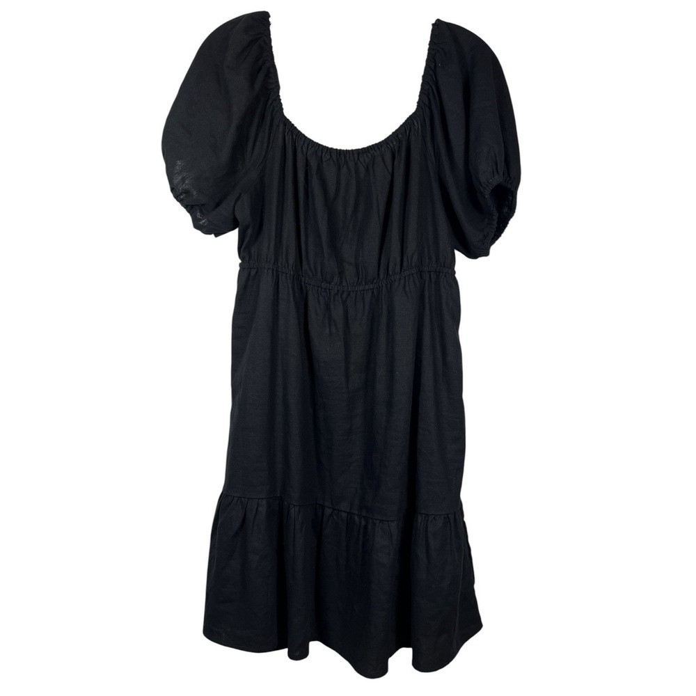LOVE TREE Sz L Dress Linen Blend Black Smocked Midi‎ Puff Sleeve Tiered Ruffle